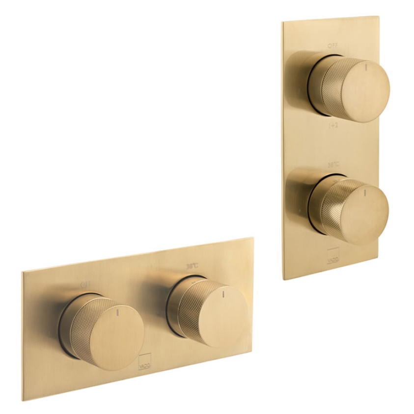 Cutout image of Vado Individual Knurled Accents Brushed Gold Dual Outlet Shower Valve